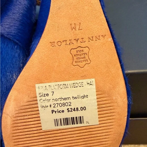 Ann Taylor Platform Wedge Heels Blue Haircalf Leather Ankle Strap Buckle 7M - Picture 10 of 10